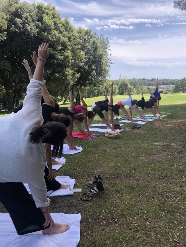 Groupe de personnes pratiquant le yoga en plein air sur l'herbe, effectuant la pose du triangle. Ciel bleu, arbres en arrière-plan.